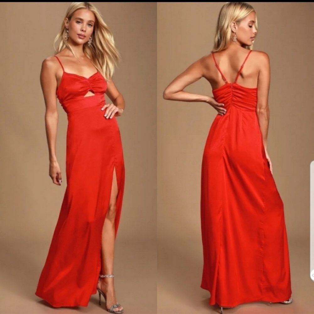 Lulus-RED SATIN ELEGANT MAXI DRESS
